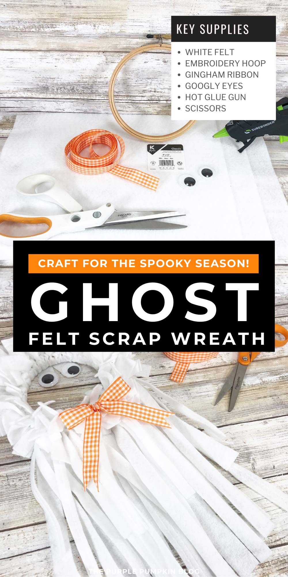 Craft Supplies Needed for a Felt Scrap Ghost Wreath Craft