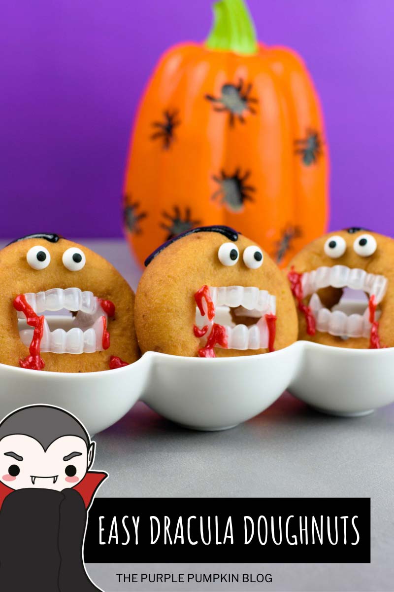3 ring doughnuts decorated with gel icing to resemble Dracula with plastic fangs in the ring. An artificial pumpkin sits in the background. Text overlay says "Easy Dracula Doughnuts". Similar photos of the recipe from various angles are used throughout with different text overlays unless otherwise described.
