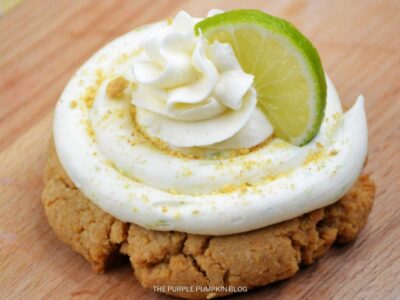 Finished Key Lime Pie Cookie Topped with Frosting and Slice of Lime