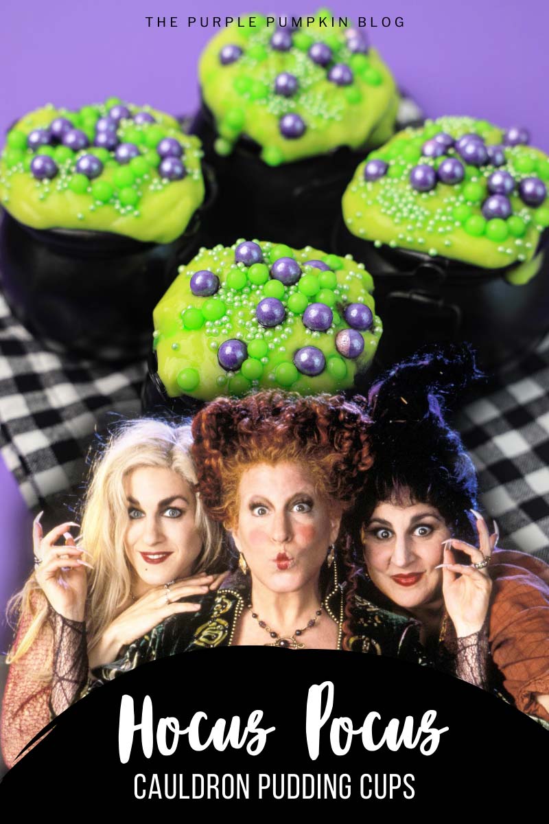 Mini plastic cauldrons filled with green-colored pudding and topped with green and purple sprinkles, sat atop a black gingham cloth. Text overlay says "Hocus Pocus Cauldron Pudding Cups". Similar photos of the recipe from various angles are used throughout with different text overlays unless otherwise described.