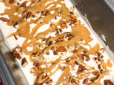 Ice Cream topped with Chopped Pecans & Drizzled with Salted Caramel Sauce