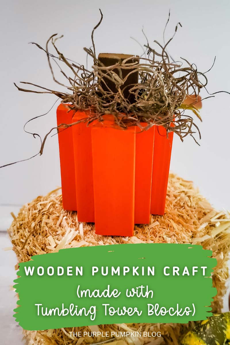 An orange wooden pumpkin on a mini haybale. Text overlay says "Wooden Pumpkin Craft Made with Tumbling Tower Blocks". Similar craft images are featured throughout from various angles, and with different text overlays, unless otherwise described.