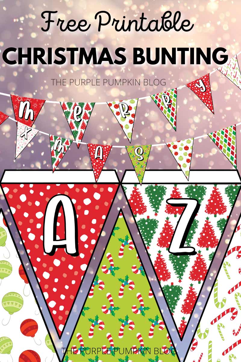 Digital images of Christmas bunting flags spelling out Merry Xmas. Text overlay says "Free Printable Christmas Bunting" Same images throughout with different text overlays.