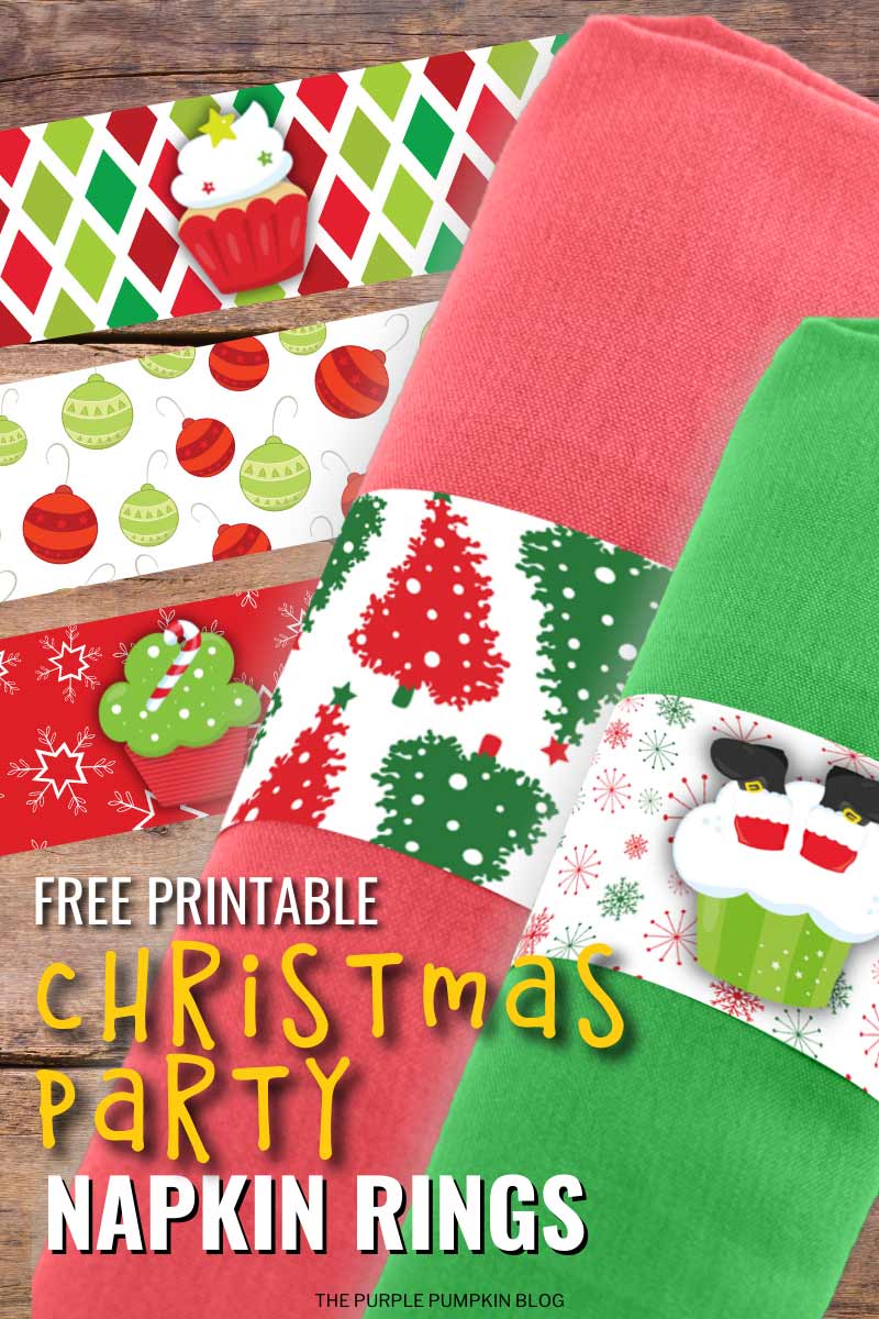 Digital mockup of Christmas napkin rings wrapped around fabric napkins in red and green. Text overlay says "Free Printable Christmas Party Napkin Rings", similar images throughout with different text overlay.