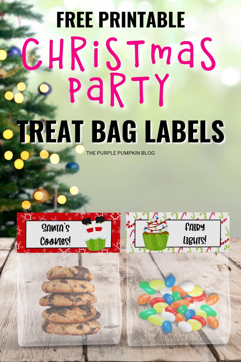 Digital images of the treat bags filled with snacks and topped with treat bag labels. The text overlay that says"Free Printable Christmas Treat Bag Labels". Similar images use throughout with different text overlays.