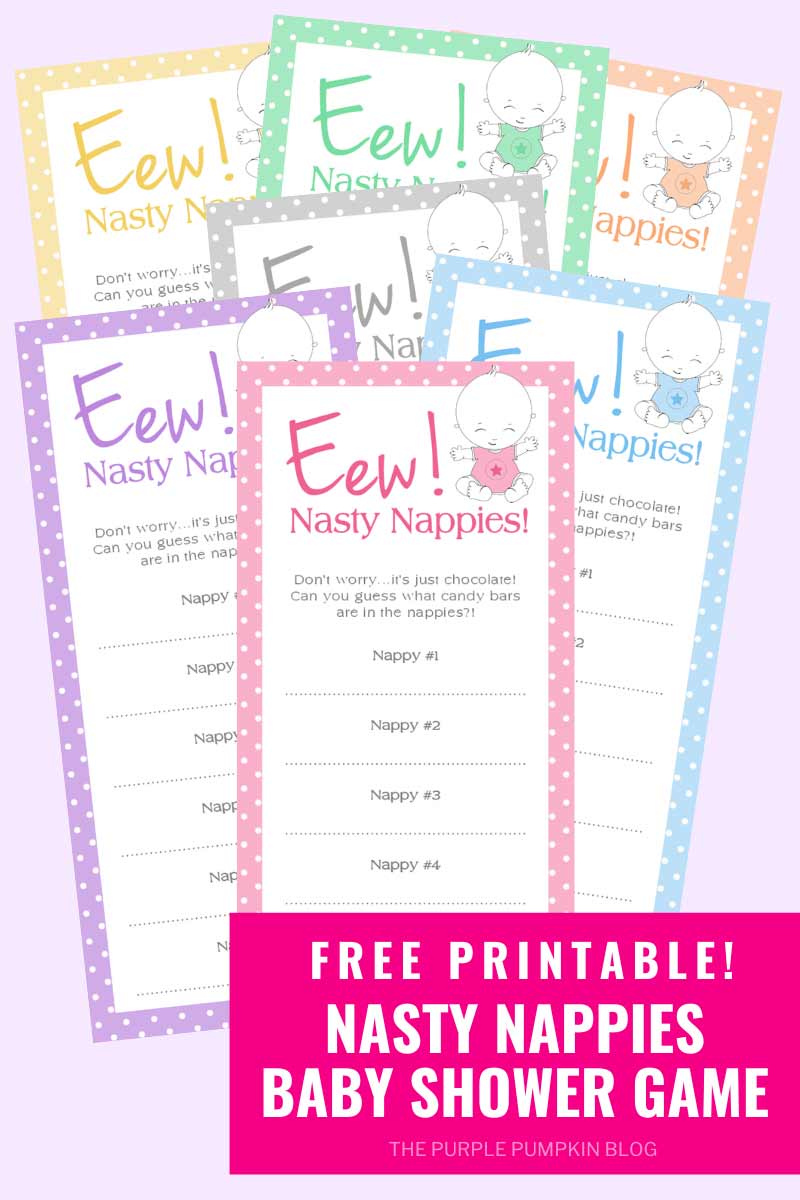 Digital images of various different colored nasty nappies game cards. Text overlay says "Free Printable! Nasty Nappies Baby Shower Game.