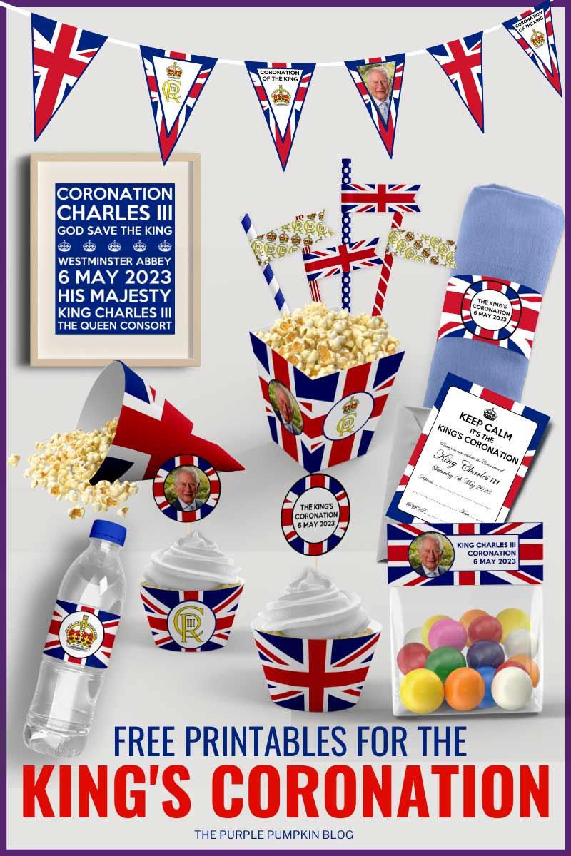 A selection of King's Coronation printables mocked up to demonstrate what they would look like - cupcake wrappers, bottle wrappers, flags etc., Text overlay says "Free Printables for the King's Coronation". Further images are individual mockups as described.