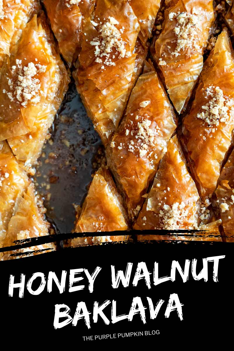 a tray of honey walnut baklava cut into diamond shapes and sprinkled with chopped nuts. The text overlay says "Honey Walnut Baklava". Similar photos of the recipe from various angles are used throughout with different text overlays unless otherwise described.
