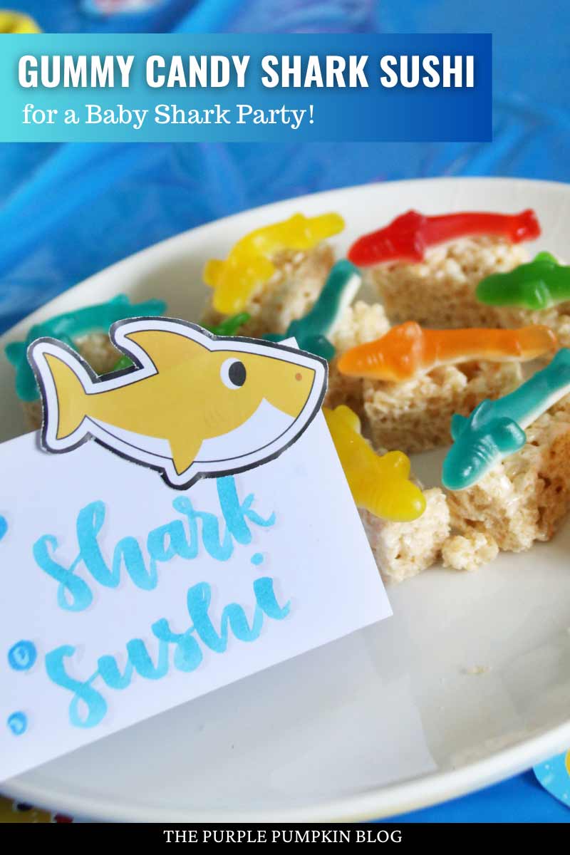 A plate of Rice Krispies Treats topped with gummy shark candy. The text overlay says "Gummy Candy Shark Sushi for a Baby Shark Party!". Similar photos of the recipe from various angles are used throughout with different text overlays unless otherwise described.