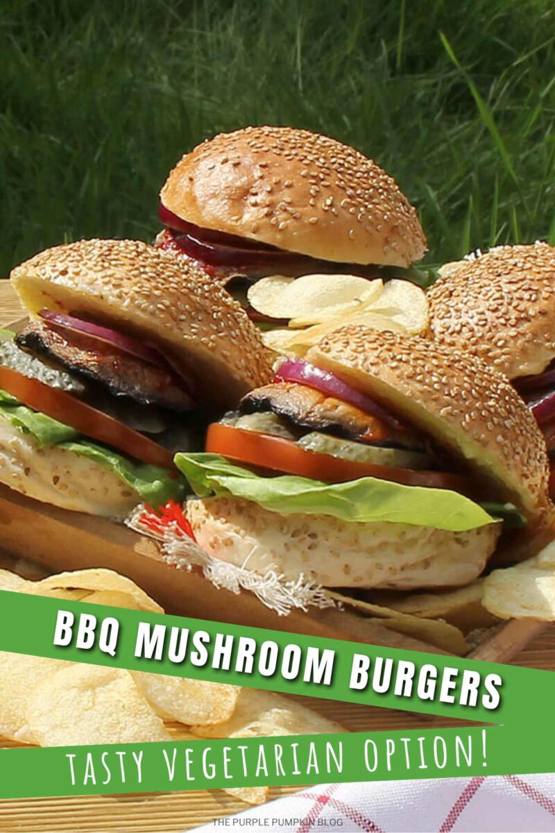 A pile of assembled mushroom burgers, with potato chips on the side. The text overlay says"BBQ Mushroom Burgers - Tasty Vegetarian Options". Similar photos of the recipe from various angles are used throughout with different text overlays unless otherwise described.