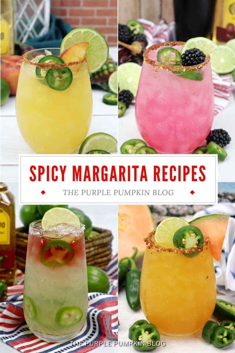 A 4-panel image with glasses of margarita, garnished with jalapeno slices and fresh fruit. Chopped fruit and bottles of liquor are in the background. Text overlay says "Spicy Margarita Recipes"