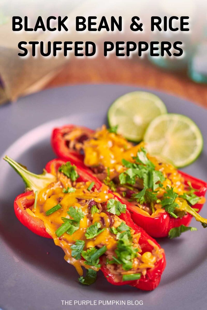 2 bell pepper halves filled with beans and rice, with melted cheese and chopped fresh herbs on top. The text overlay says"Black Bean & Rice Stuffed Peppers" Similar photos of the recipe from various angles are used throughout with different text overlays unless otherwise described.