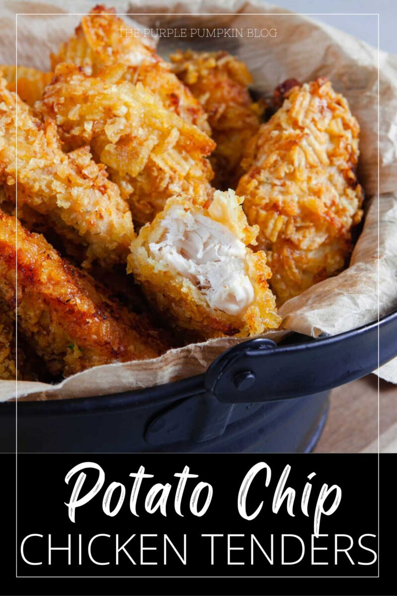 A bowl filled with potato chip-crusted chicken tenders, with one having a bite taken from it. The text overlay says"Potato Chip Chicken Tenders" Similar photos of the recipe from various angles are used throughout with different text overlays unless otherwise described.