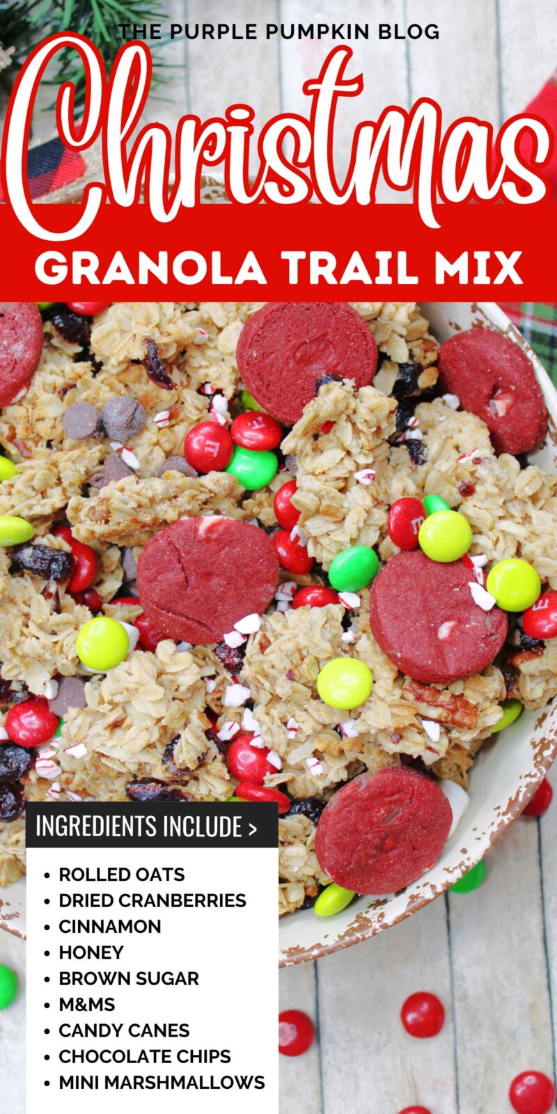 A bowl filled with homemade granola, red velvet cookies, M&Ms candies, chocolate chips, and crushed candy canes.