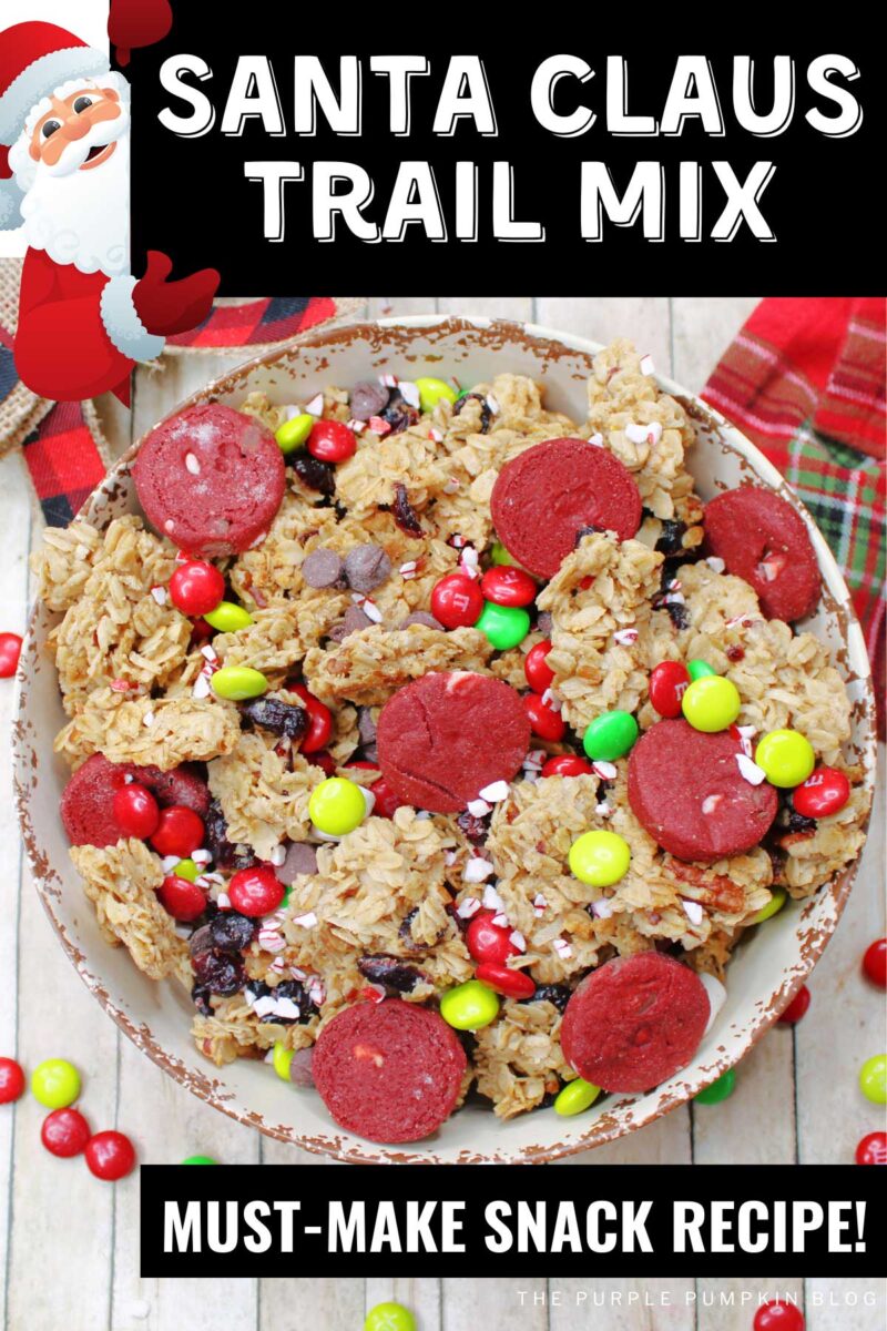 A bowl filled with homemade granola, red velvet cookies, M&Ms candies, chocolate chips, and crushed candy canes.