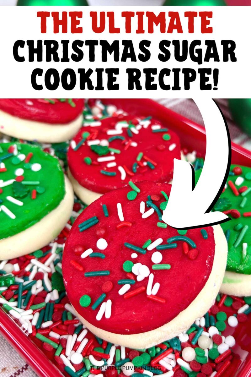 A red platter covered in red, white, and green sprinkles, and topped with homemade Lofthouse-style cookies, frosted with either red or green frosting and covered with more sprinkles.