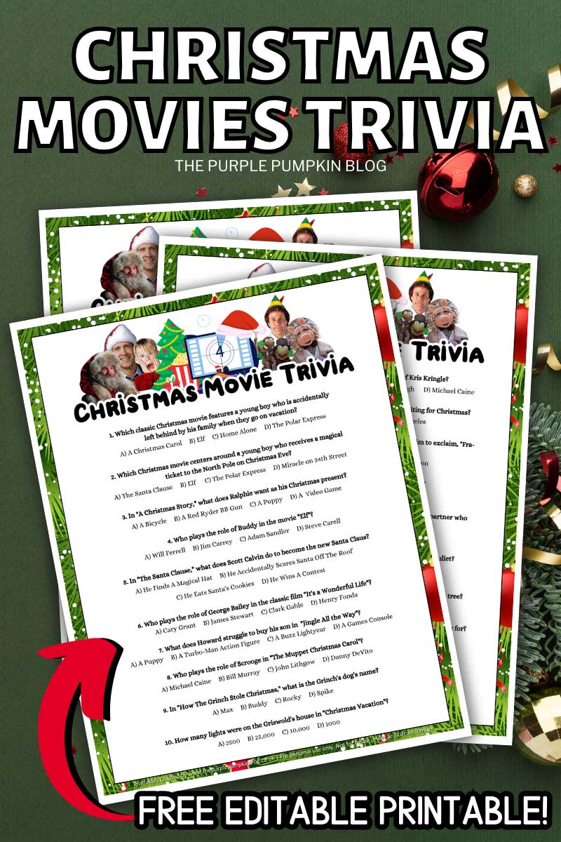 Digital image of Christmas Movies Trivia Free Editable Printable