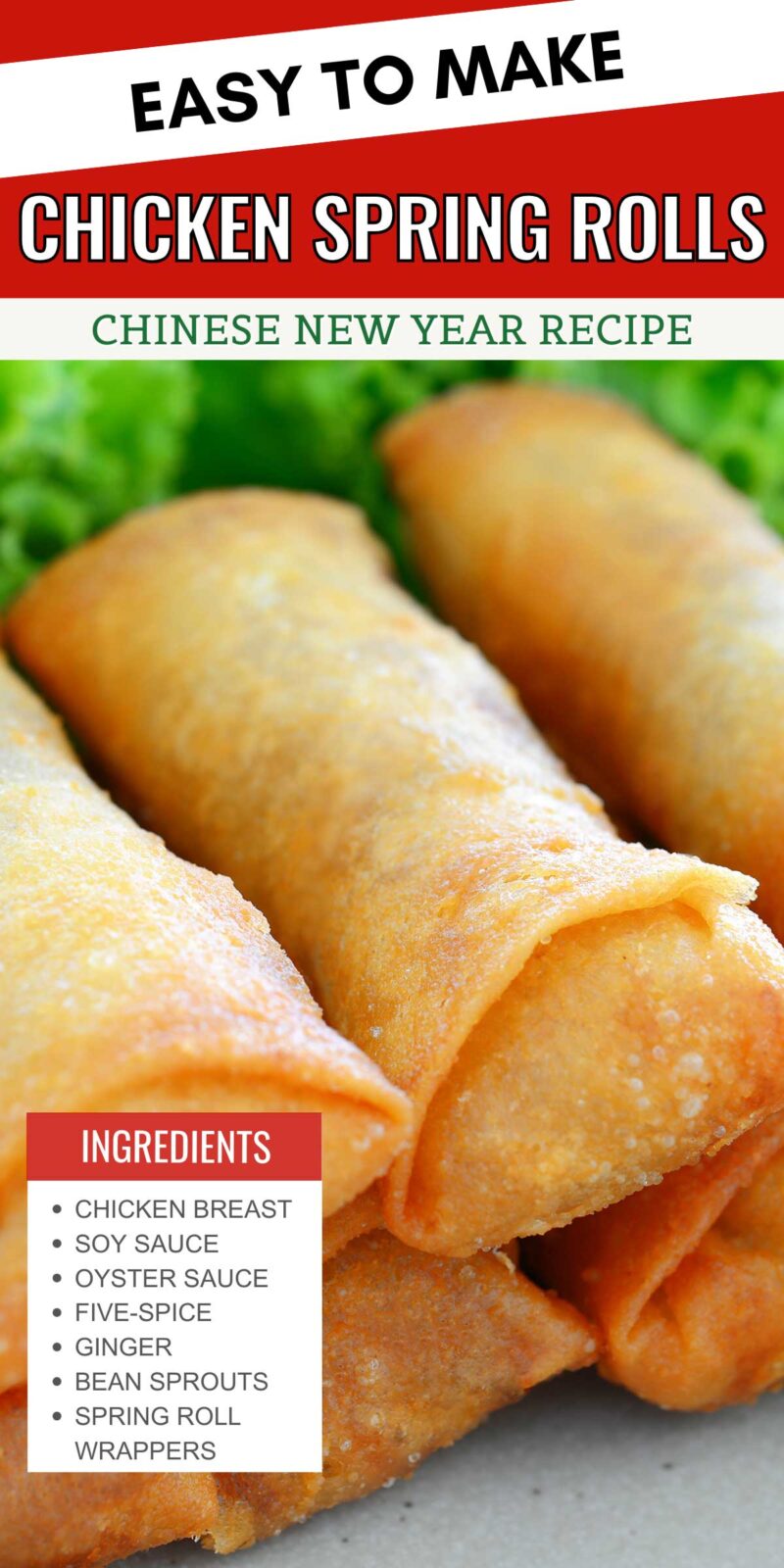 A plate of spring rolls with a list of ingredients. Text overlay says"Easy to make Chicken Spring Rolls - Chinese New Year Recipe