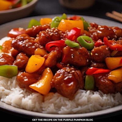A plate of Authentic Chinese Sweet and Sour Pork with rice