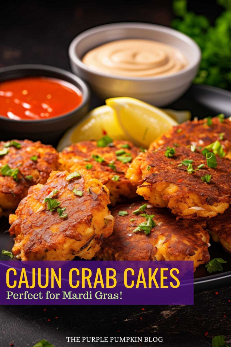 A plate of Cajun crab cakes with two bowls of dipping sauce, and text overlay that says"Cajun Crab Cakes - Perfect for Mardi Gras"