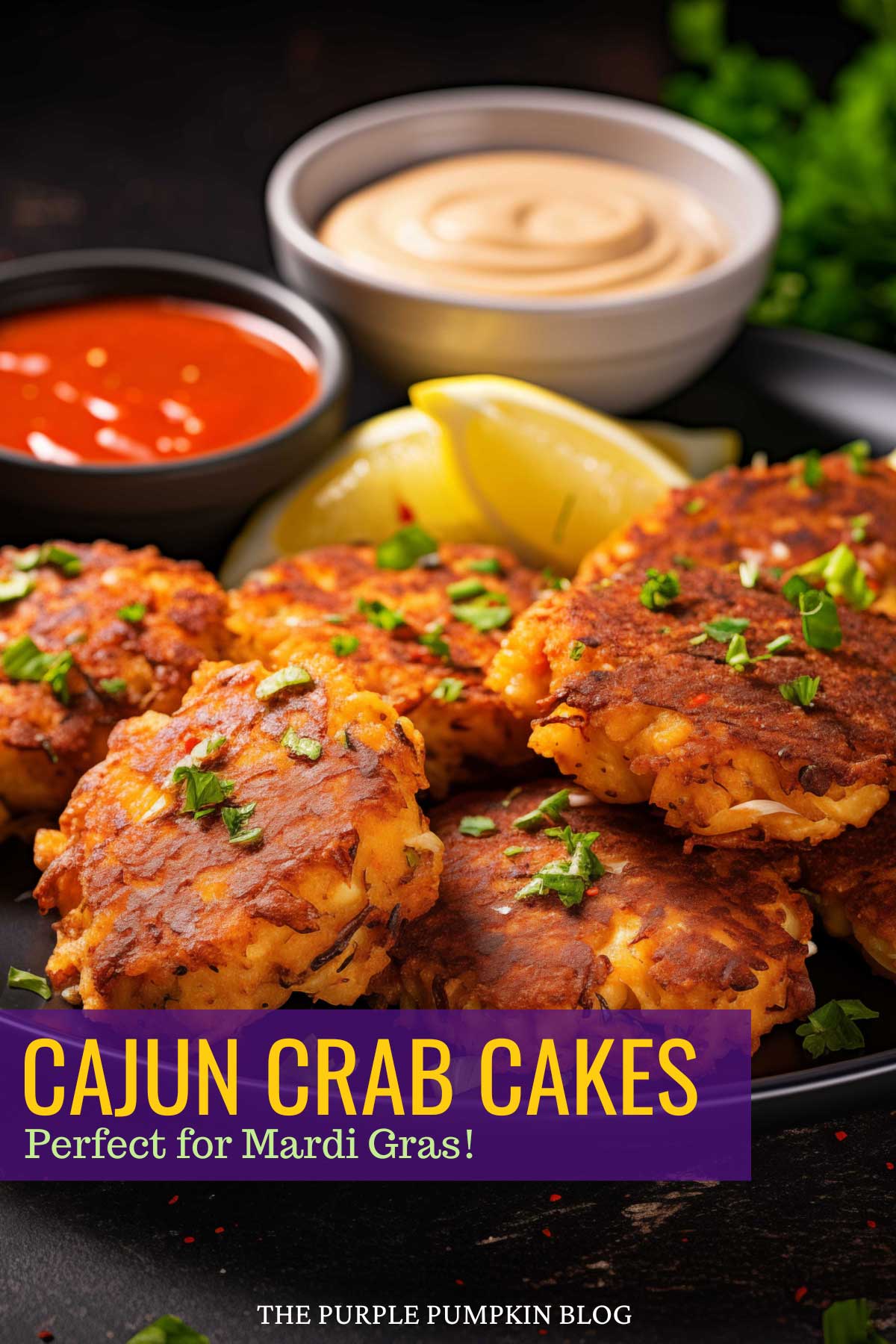 A plate of Cajun crab cakes with two bowls of dipping sauce, and text overlay that says "Cajun Crab Cakes - Perfect for Mardi Gras"