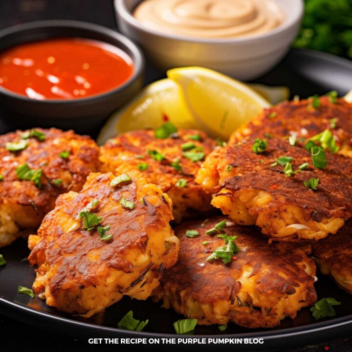 A pile of Cajun Crab Cakes on a black plate with dipping sauce on the side.