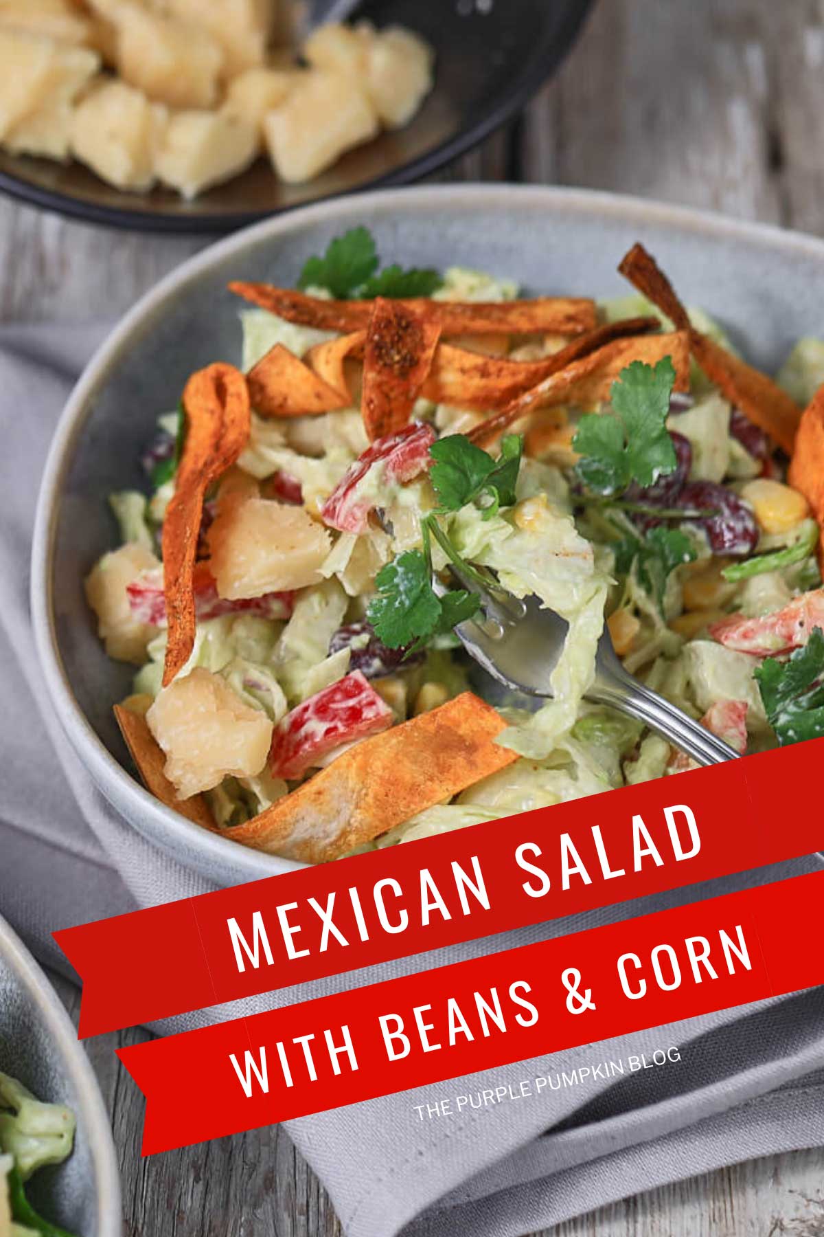 Bowl of salad - beans, corn, lettuce, bell peppers - tossed with avocado dressing and garnished with cheese and crispy tortilla strips. Text overlay says: Mexican Salad with Beans and Corn