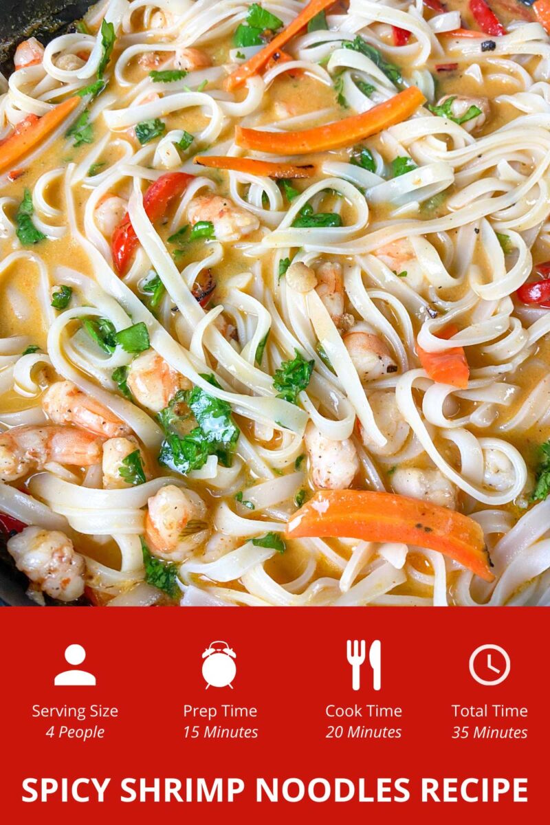 Bowl of noodles, shrimp and veggies in a creamy sauce. Text overlay says: Spicy Shrimp Noodles Recipe to Try