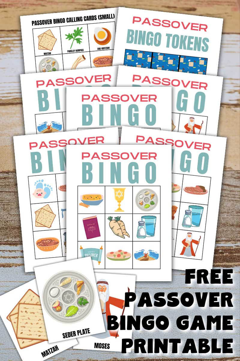 Digital representation of Passover Bingo Cards. Text overlay says: Free Passover Bingo Game Printable