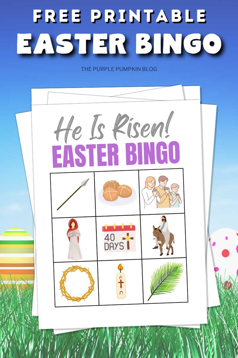 Digital representation of religious Easter bingo cards with images of Christian symbols for Easter. Text overlay says Free Printable Easter Bingo