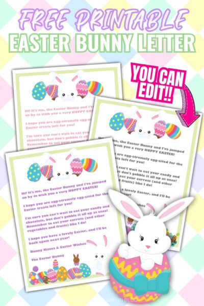 Digital images of Easter Bunny Letter with a graphic of a white bunning coming out of a brightly colored egg. Text overlay that says "Free Printable Easter Bunny Letter You Can Edit"