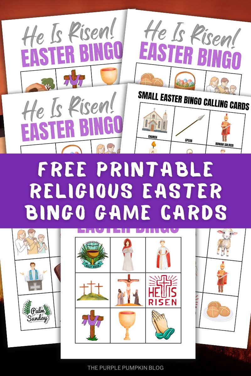 Digital representation of religious Easter bingo cards with images of Christian symbols for Easter. Text overlay says Free Printable Religious Easter Bingo Game Cards