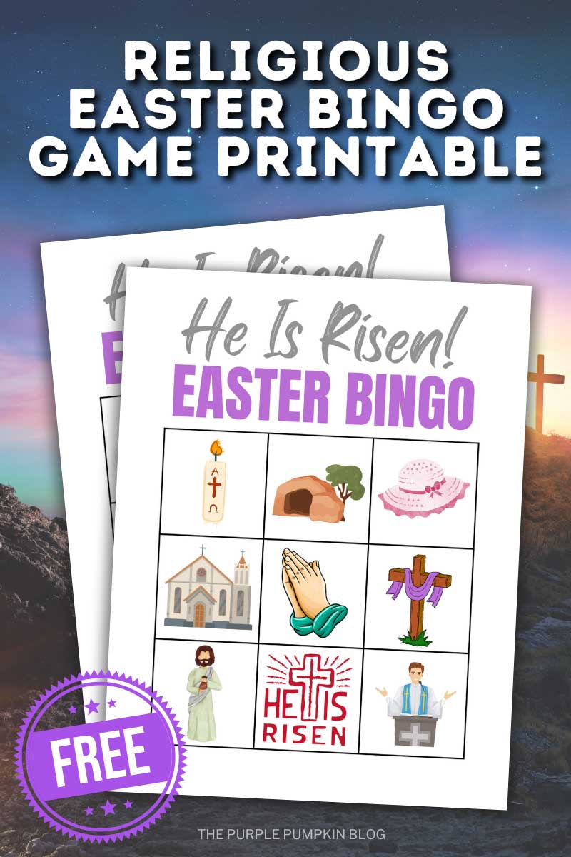 Digital representation of religious Easter bingo cards with images of Christian symbols for Easter. Text overlay says Free Religious Easter Bingo Game Printable
