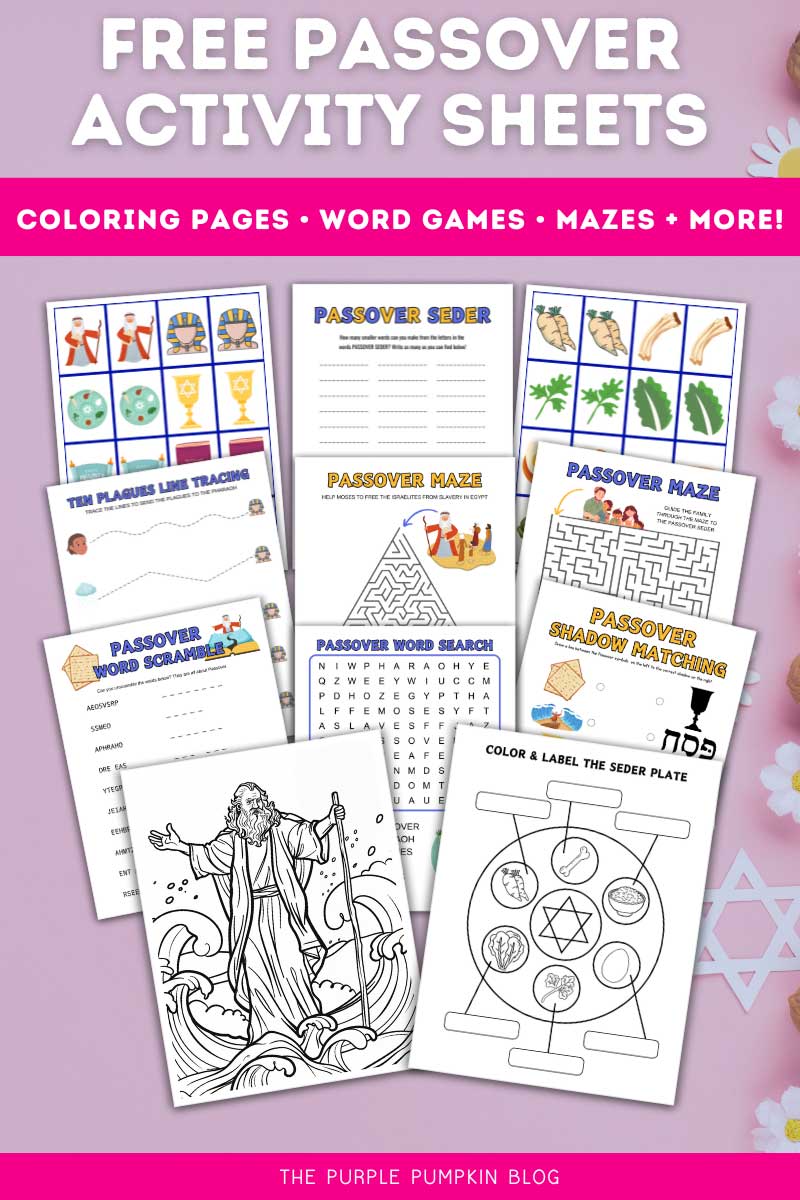 Digital representation of Passover activity sheets with text overlay that says Free Passover Activity Sheets - Coloring Pages, Word Games, Mazes & More