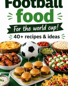 Football Food for the World Cup - a spread of food include burgers, wings, skewers and more.
