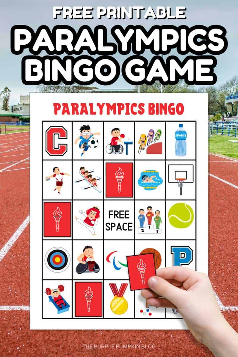 Digital mock-up of Paralympics Bingo Cards on a sports background with text overlay that says: Free Printable Paralympics Bingo Game