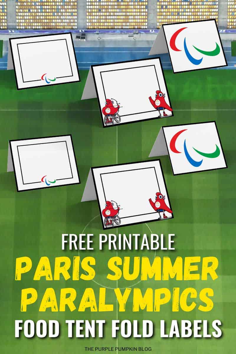 Digital mock-up of printable food labels on a sports background. Text overlay says: Free Printable Paris Summer Paralympics Food Tent Fold Labels