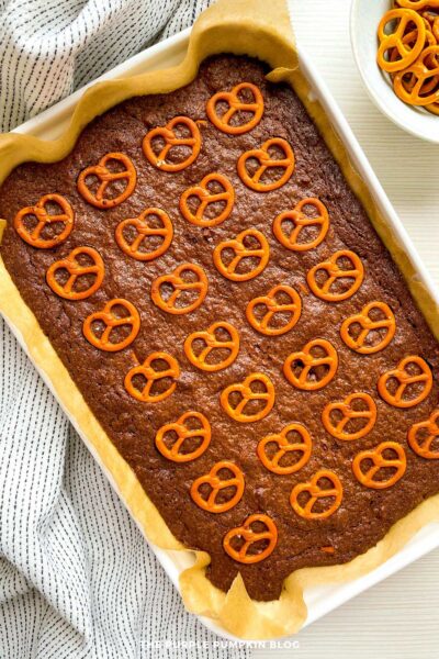 Baked Tray of Salted Pretzel Chocolate Brownies