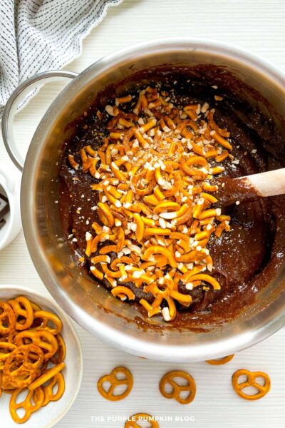 Crushed Pretzels Added to Pan