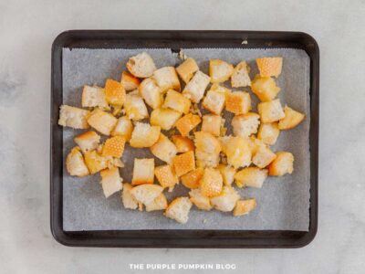 Cubes of Bread on Baking Tray