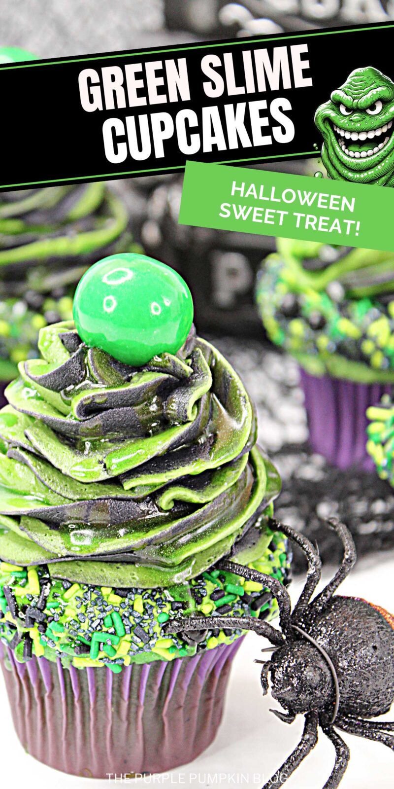 Cupcake topped with frosting and green and black sprinkles, with another swirl of black and green frosting on top with a green candy ball to finish. Halloween decor is in the background. Text overlay says: Green Slime Cupcakes - Halloween Sweet Treat