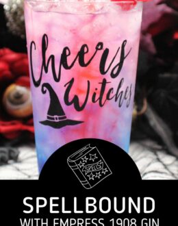 A glasses embossed with "Cheers Witches" and a witch hat, filled with a pink-purple drink and garnished with cocktail cherries. Halloween decorations are in the background. Text overlay says: Spellbound with Empress 1908 Gin