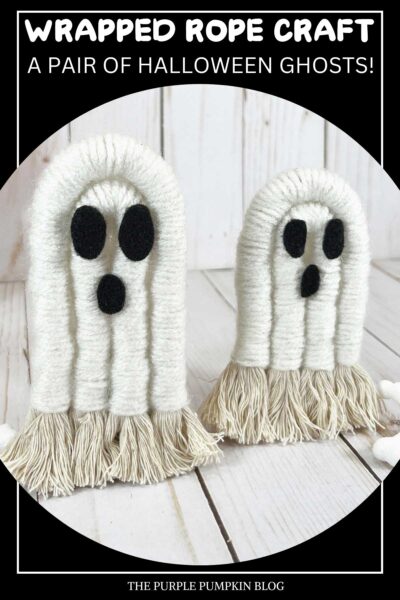 Rope that has been wrapped in white yarn, the ends frayed, and black felt eyes and mouth. Plastic pumpkin and bones are nearby as decoration. Text overlay says: