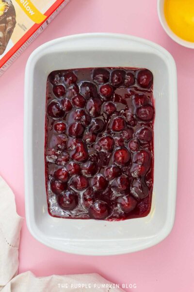 Cherry Pie Filling in Baking Dish