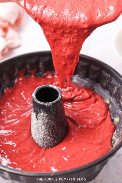 Pouring Red Velvet Cake Batter into Pan
