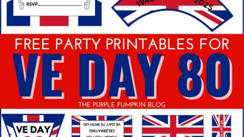 Digital mockup of VE Day Party products and Decorations. Text overlay says: Free Party Printables for VE Day 80