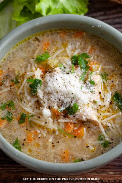 Close-up of a rustic bowl filled with Italian Chicken Noodle Soup, topped with grated Parmesan cheese and chopped parsley. The soup includes fideo noodles, diced carrots, celery, and chicken in a light broth. Fresh lettuce leaves appear blurred in the background.