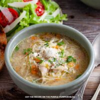 A bowl of Italian Chicken Noodle Soup garnished with freshly grated Parmesan cheese and chopped parsley. The soup features visible noodles, carrots, celery, and chunks of chicken in a light broth. It is served in a rustic green bowl beside a fresh garden salad with lettuce, tomato, and Parmesan shavings.