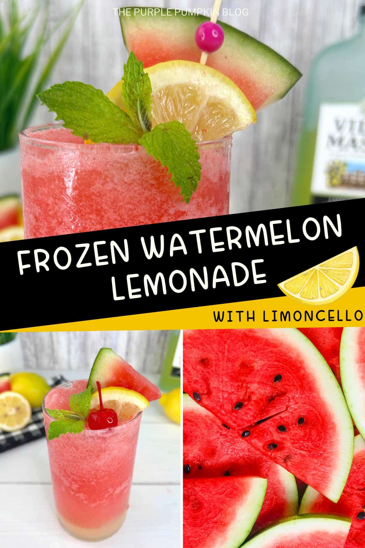 A frozen watermelon lemonade served in a tall glass with mint, watermelon, and cherry garnish, with a black angled text bar and lemon graphic accent.