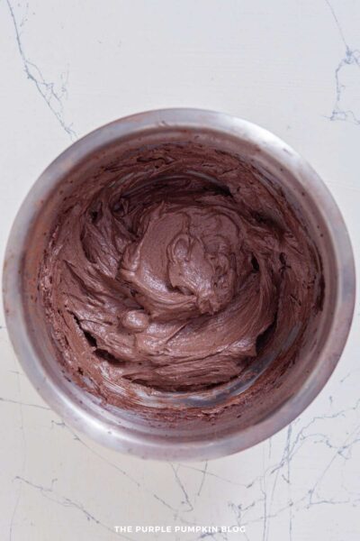 Chocolate Frosting for Brownies in Metal Bowl
